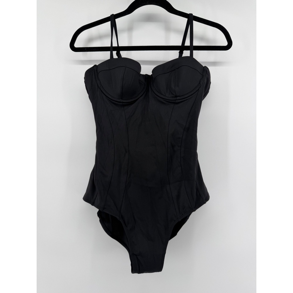 TA3 Pushy One Piece Swimsuit Black Corset Lace Up Back Underwire Size L RL A